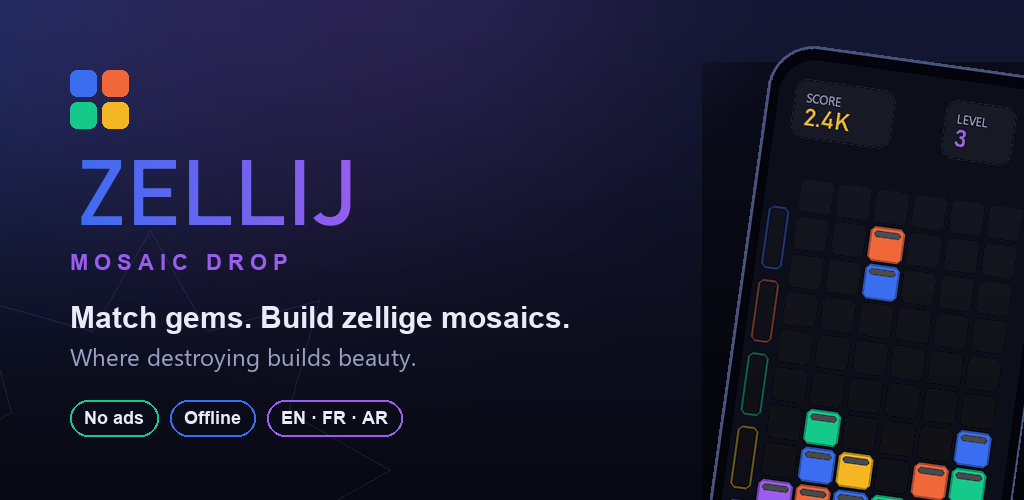 ZELLIJ · Mosaic Drop — match gems to build zellige mosaics