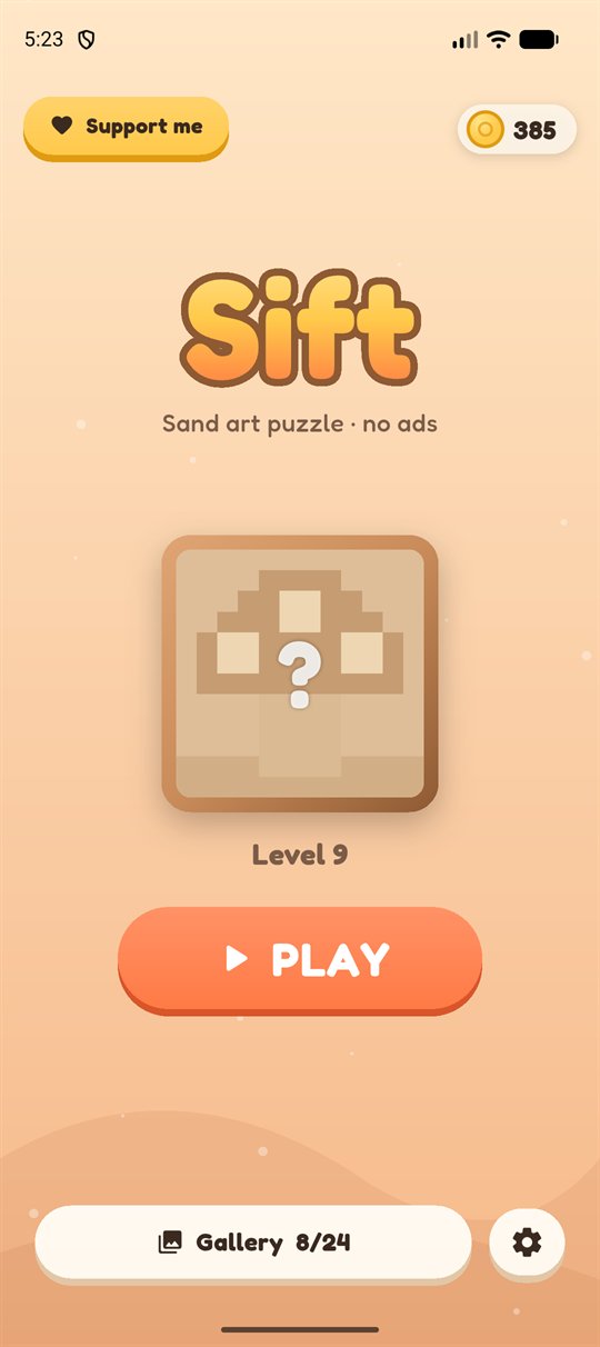 Home screen: the next picture hidden as a sand sketch, a big Play button