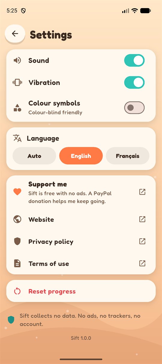 Settings: sound, vibration, colour-blind symbols, language