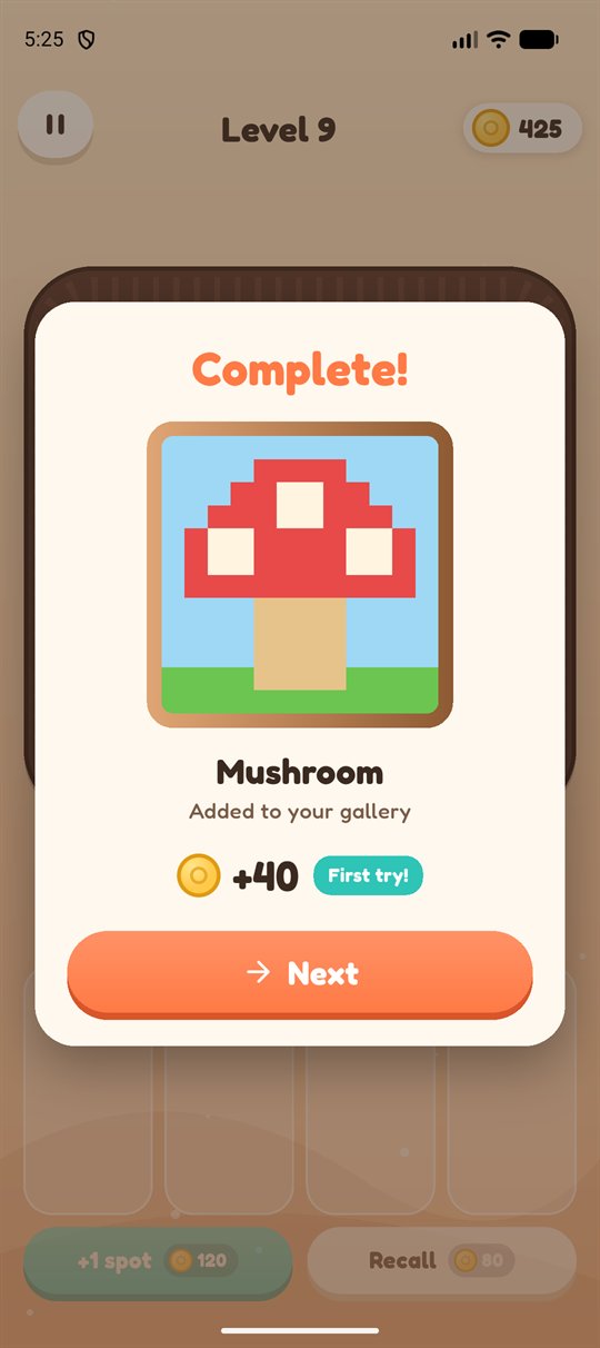 Level complete: the mushroom picture added to the gallery, coins earned