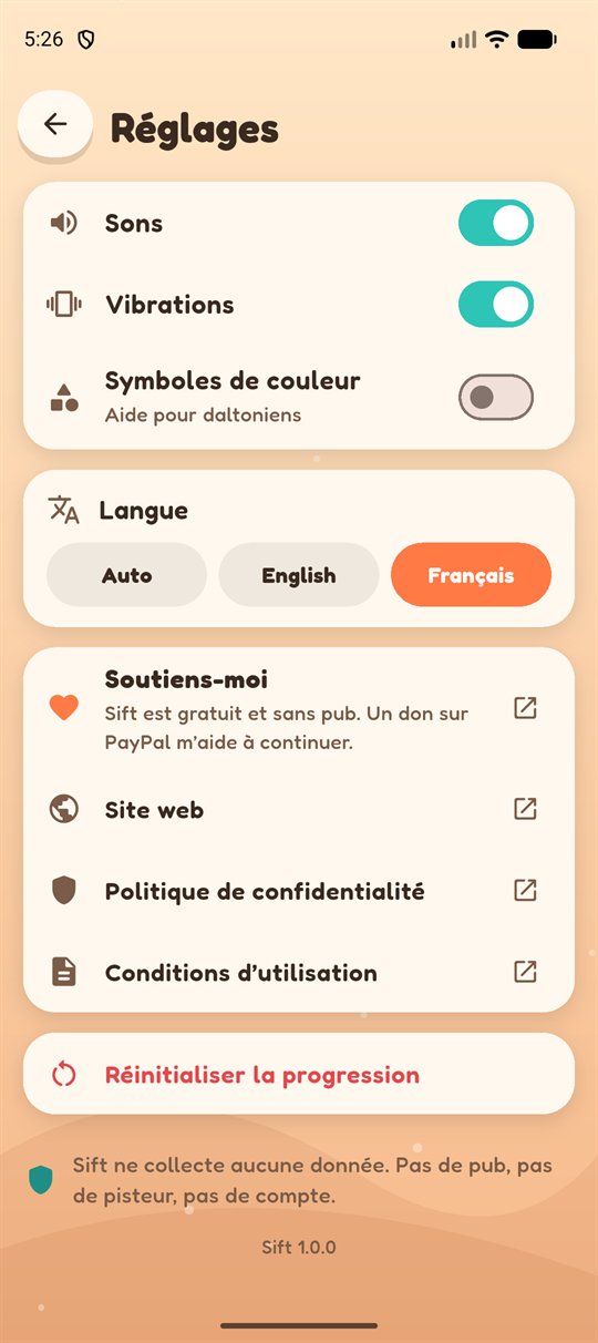 Réglages : sons, vibrations, symboles pour daltoniens, langue