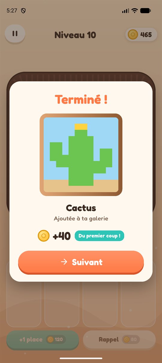 Niveau terminé : le cactus rejoint la galerie, pièces gagnées